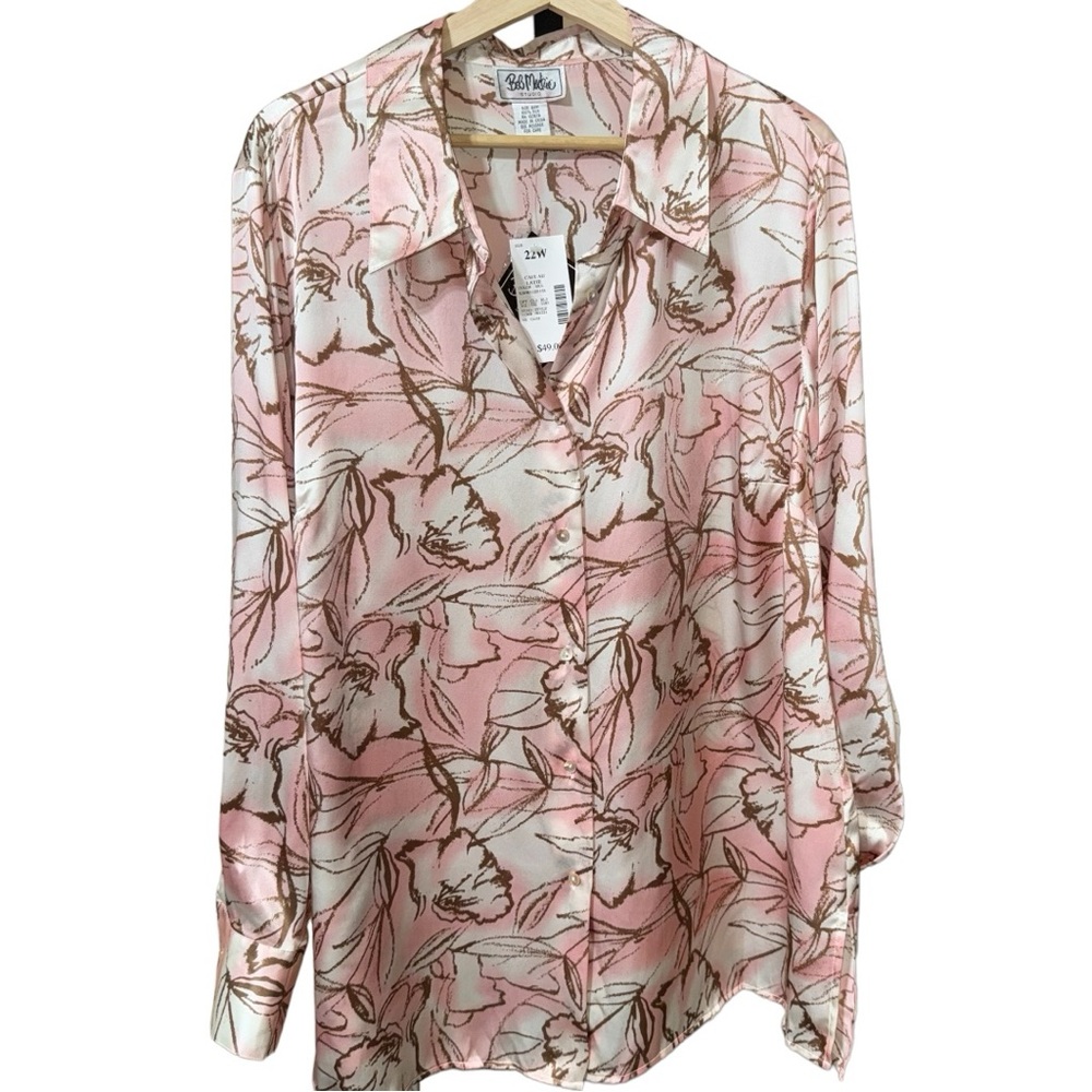 NWT BOB MACKIE STUDIO 100% Silk Blouse Women's Size Plus 22W Floral Button Up